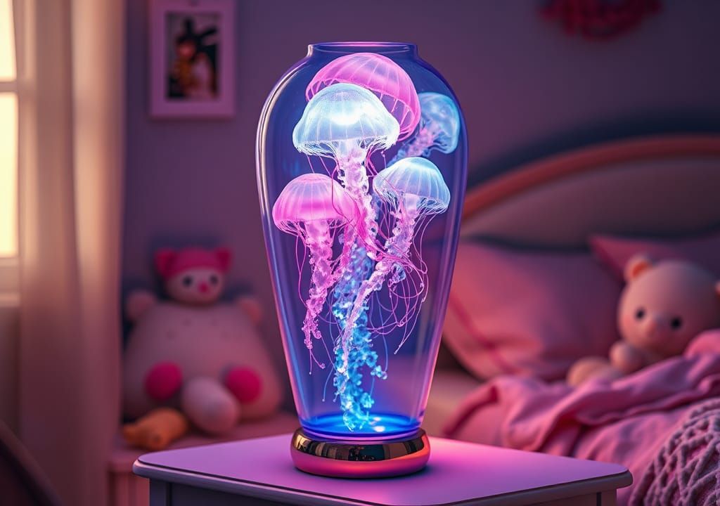 Glowing Jellyfish Glass Lamp in Cozy Bedroom