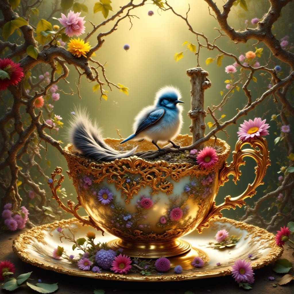 Ornate Teapot Pours Surreal Landscape in Golden Light