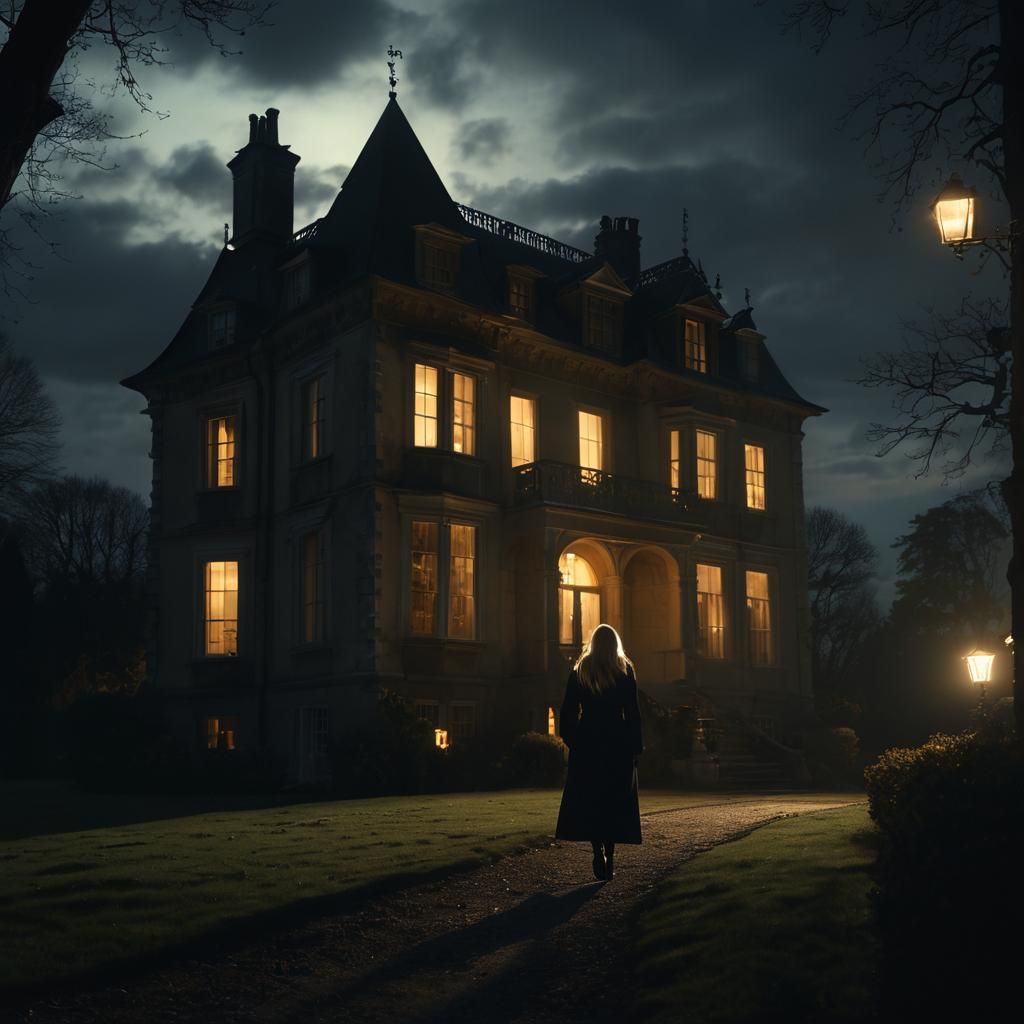 Film Noir Woman Approaches Manor at Night
