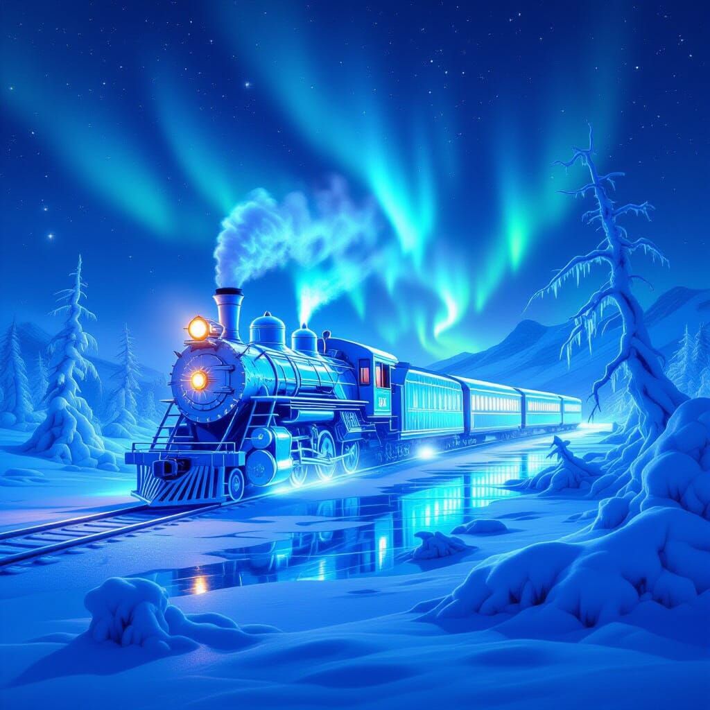 Magical Ice Train in Aurora Arctic Landscape