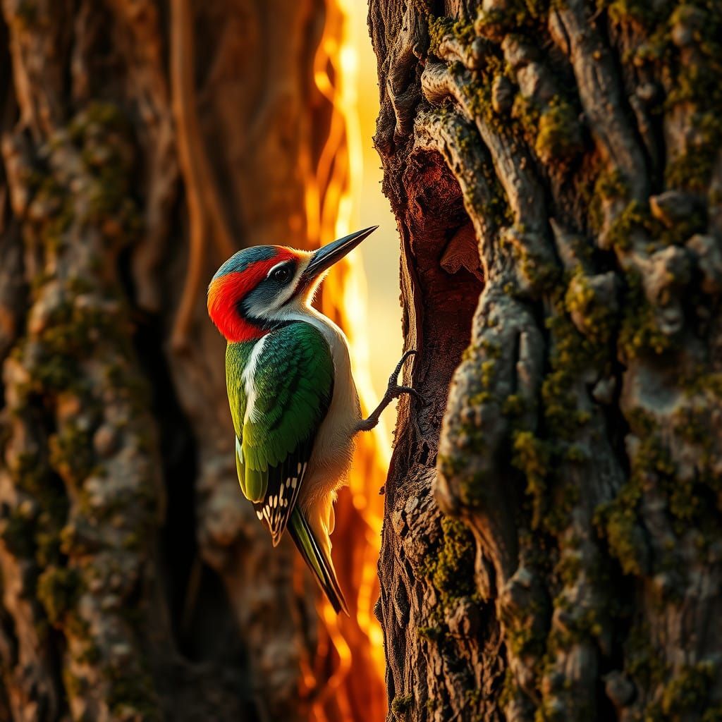 Woodpecker in Vibrant, Sun-Dappled Forest