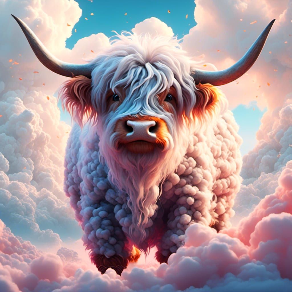 Cloud Highland Calf Sleeping in Pastel Sky