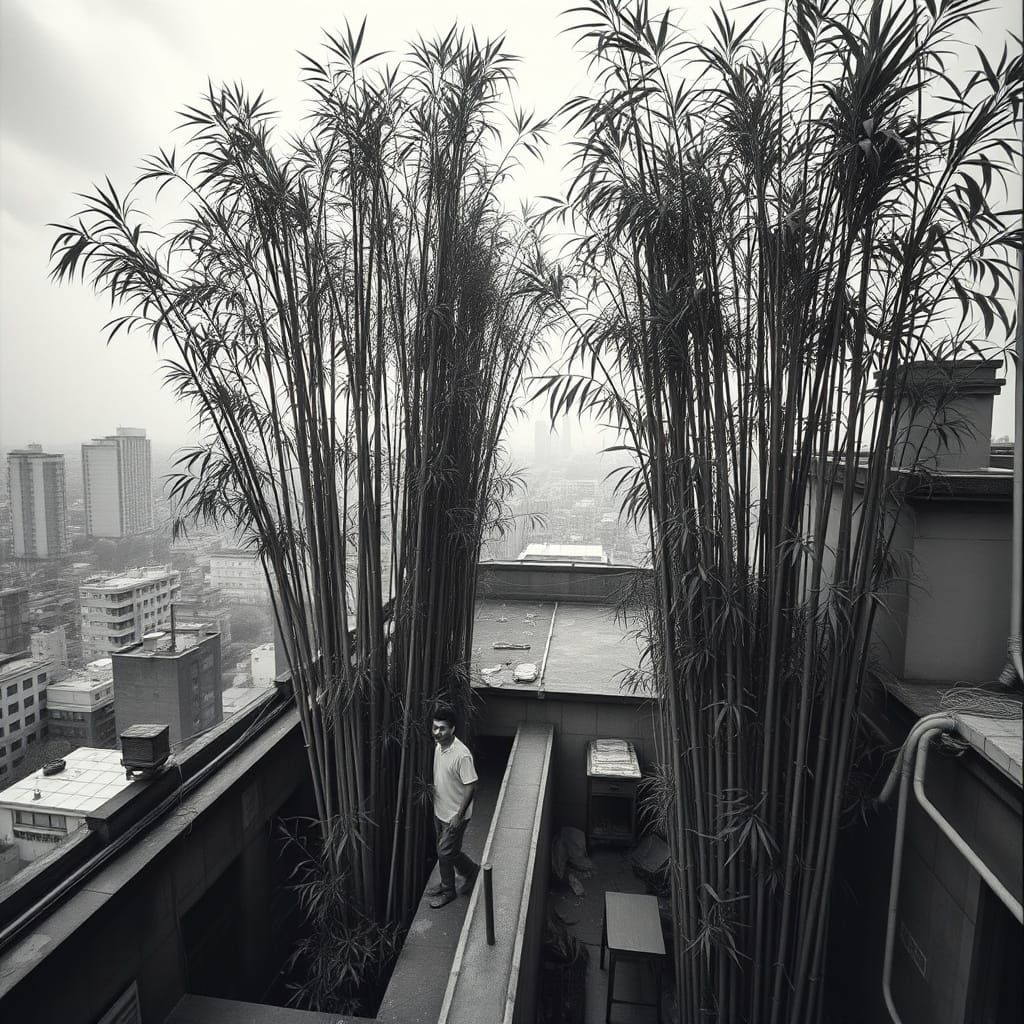 Surreal Rooftop Bamboo Forest in Street Photography Style