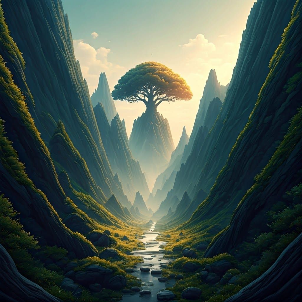 Dreamy Fantasy Landscape with Golden Text and Mystical Tree