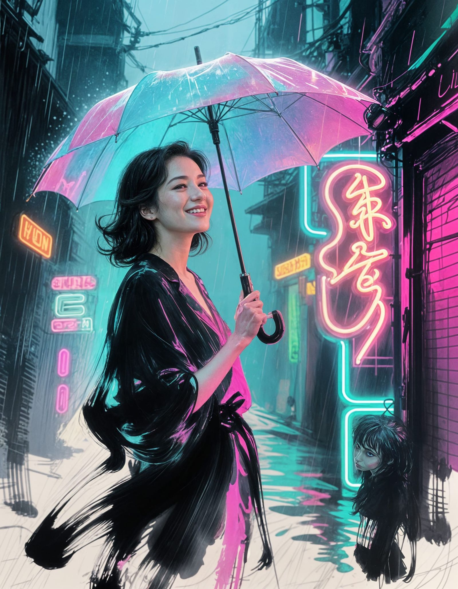 Woman in Neon Alley Sumi-e Portrait