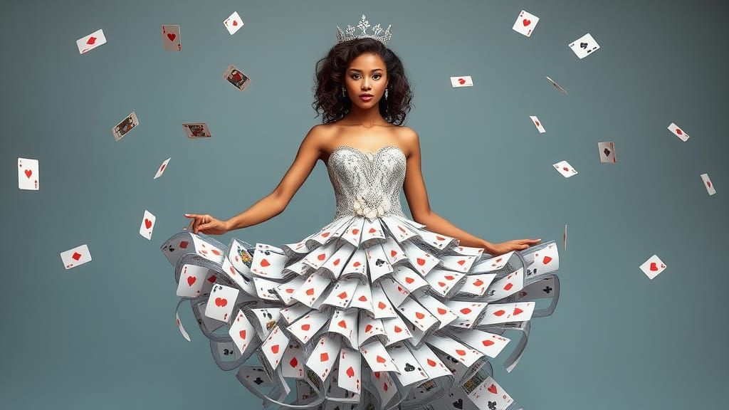 Woman in Whimsical Card Gown Captured in Motion