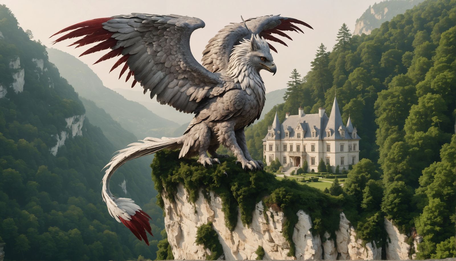 Majestic Gryphon Perched Above French Manor