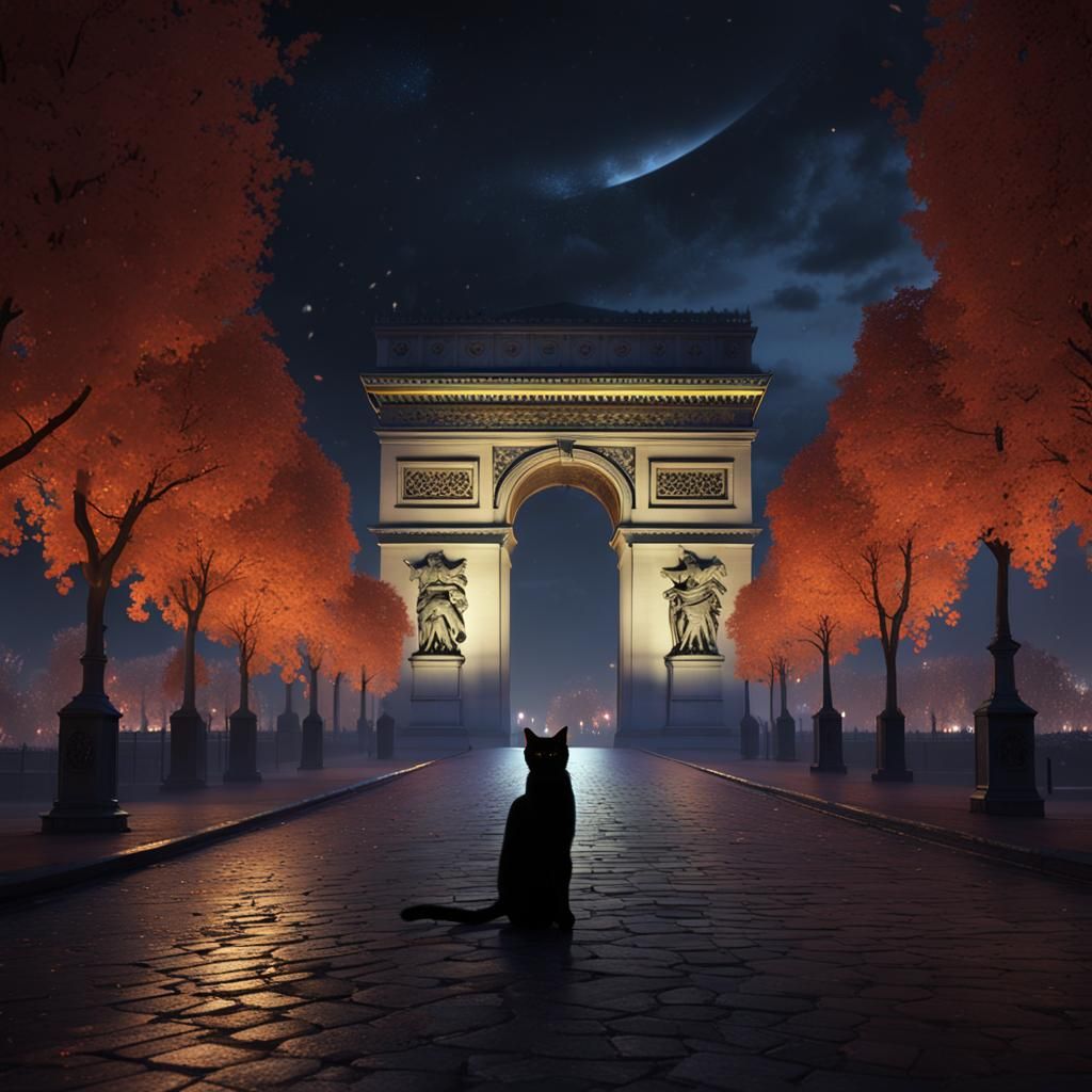 Black Cat at Arc de Triomphe: Detailed Digital Painting