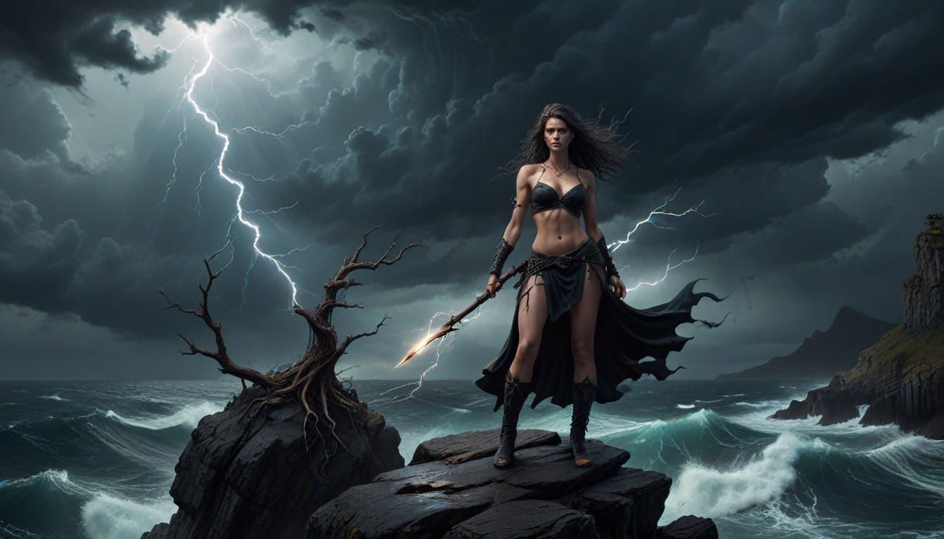 Mysterious Witch Summoning Lightning Over Stormy Sea