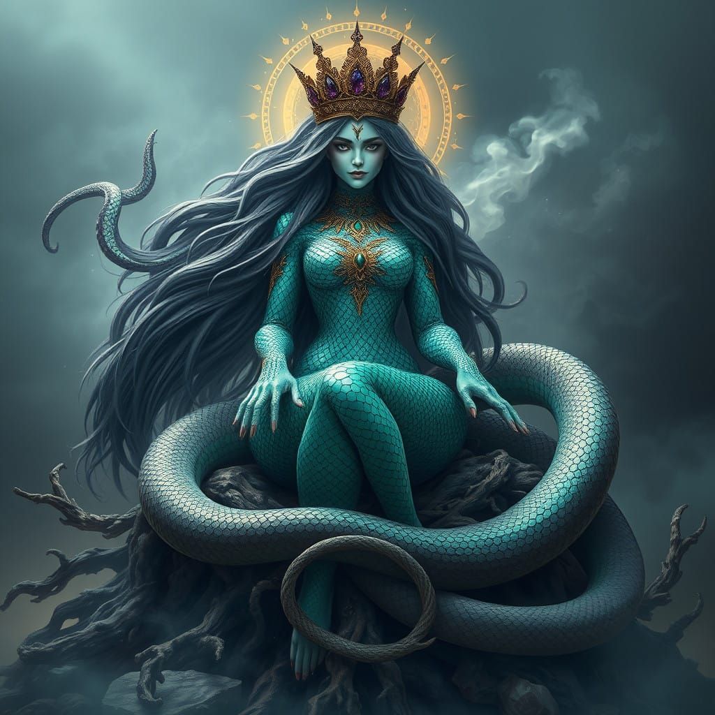 Regal Serpentine Queen with Iridescent Scales in a Mystical...