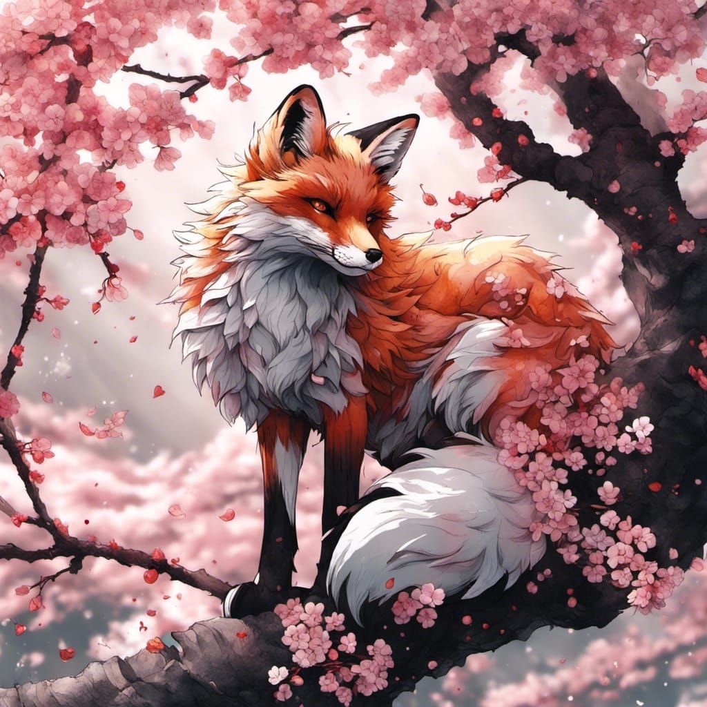 Cherry Blossom Fox in Anime Art Style