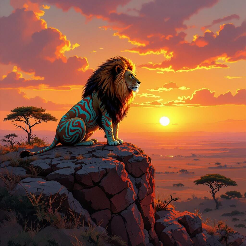 Lion with Tribal Markings on Savanna at Sunset