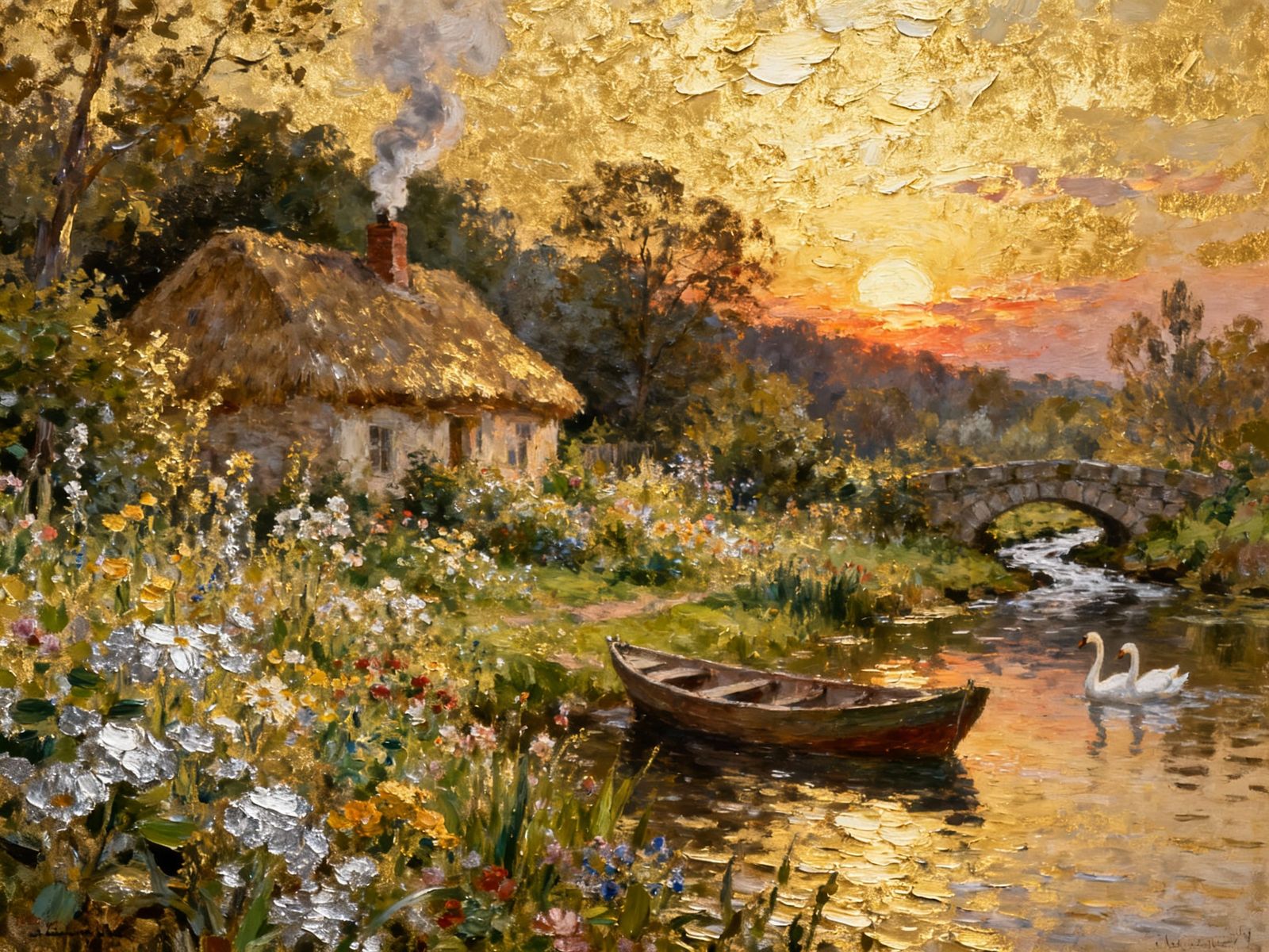 Woodland Garden Sunset with Thatched Cottage and Swans
