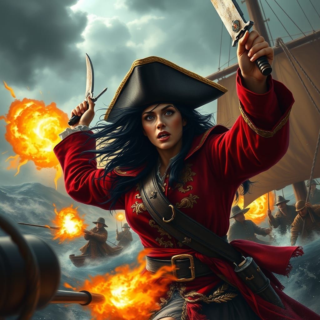 Spectacular Pirate Captain in Stormy Battle Scene