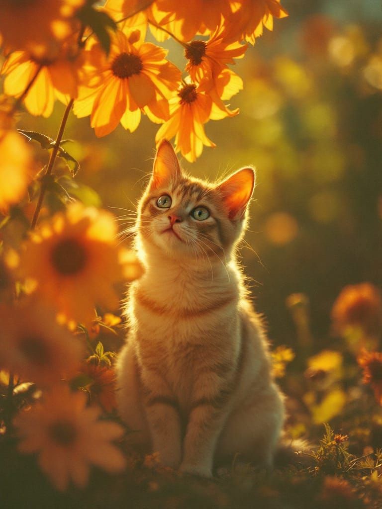 Adorable Cat Among Flowers With Golden Hour Glow