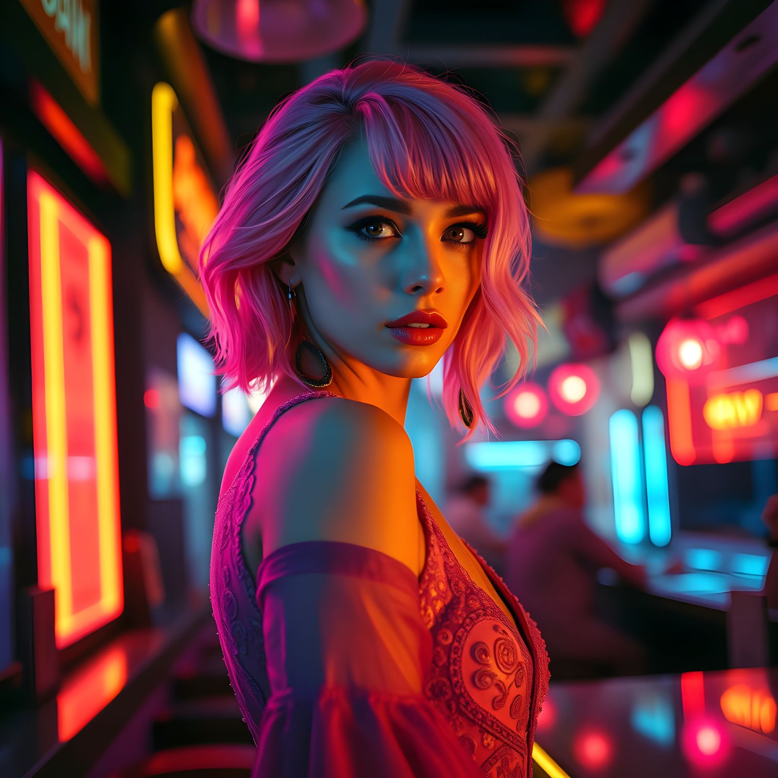 Stunning Woman in Haute Couture, Neon Night Bar, Cyberpunk S...