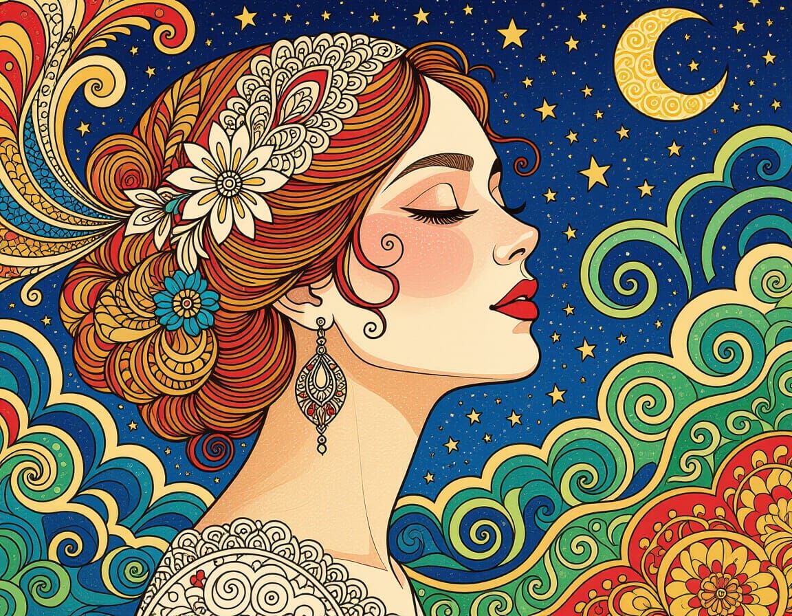 Contemplative Woman Portrait with Celestial Lace Patterns