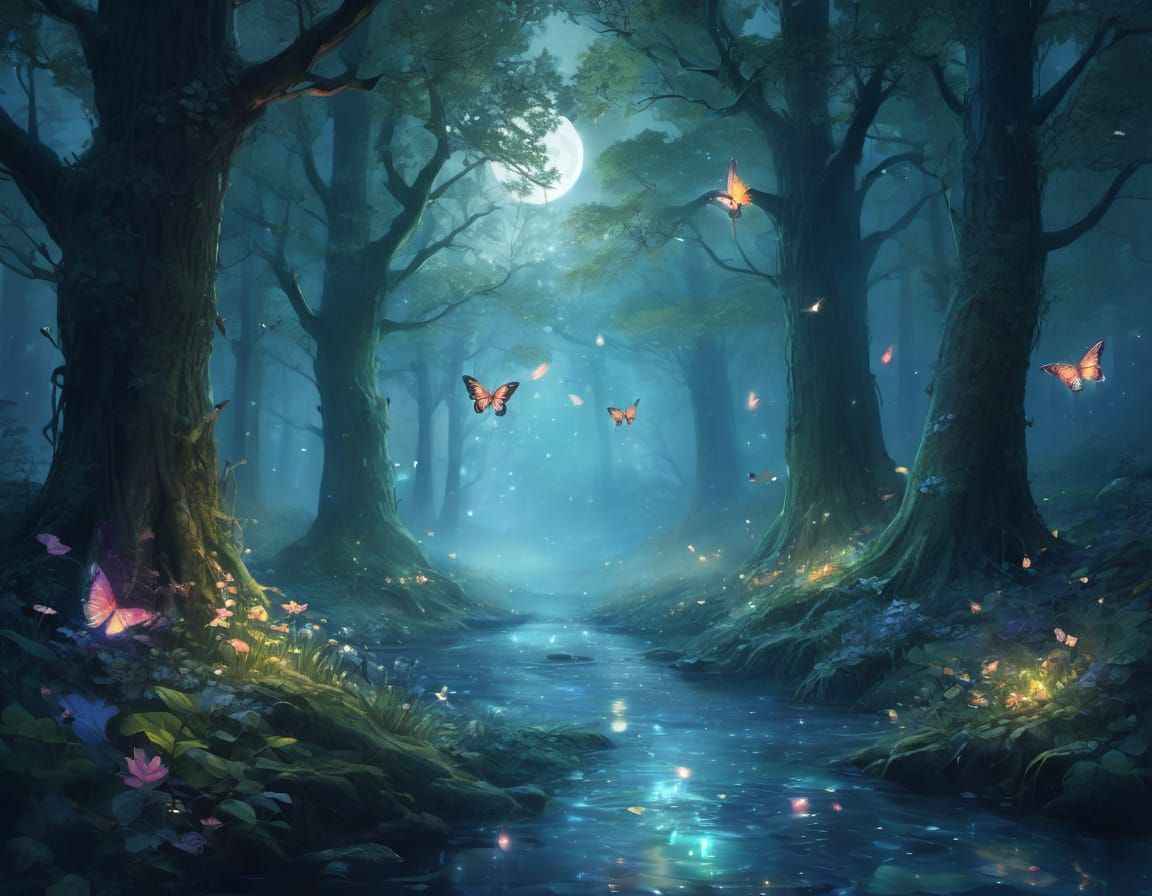 Dreamy Whimsical Forest Scene with Glowing Flowers and Trees