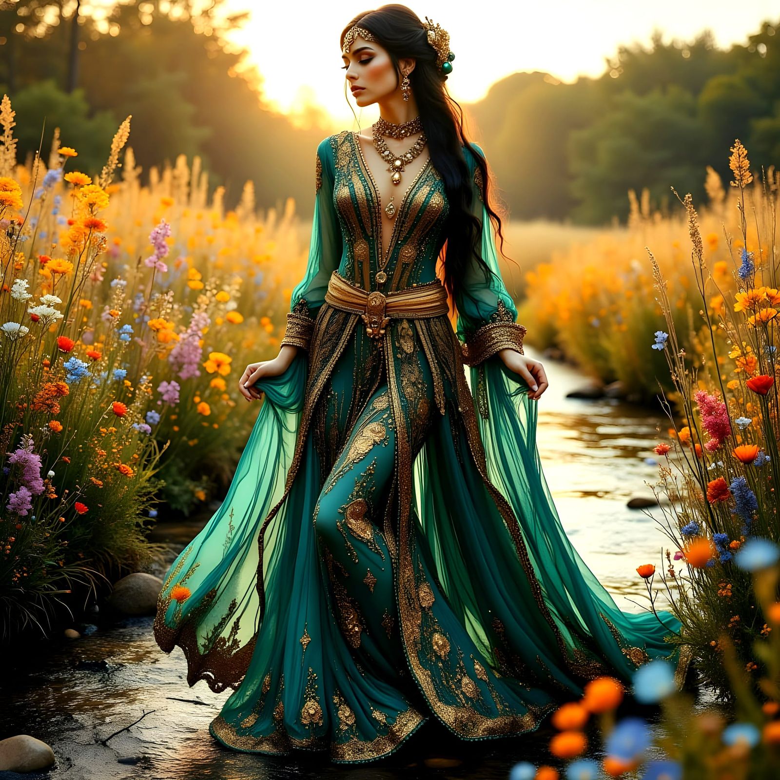 Exotic Gypsy Woman in Wildflower Meadow, Glimmering in Golde...