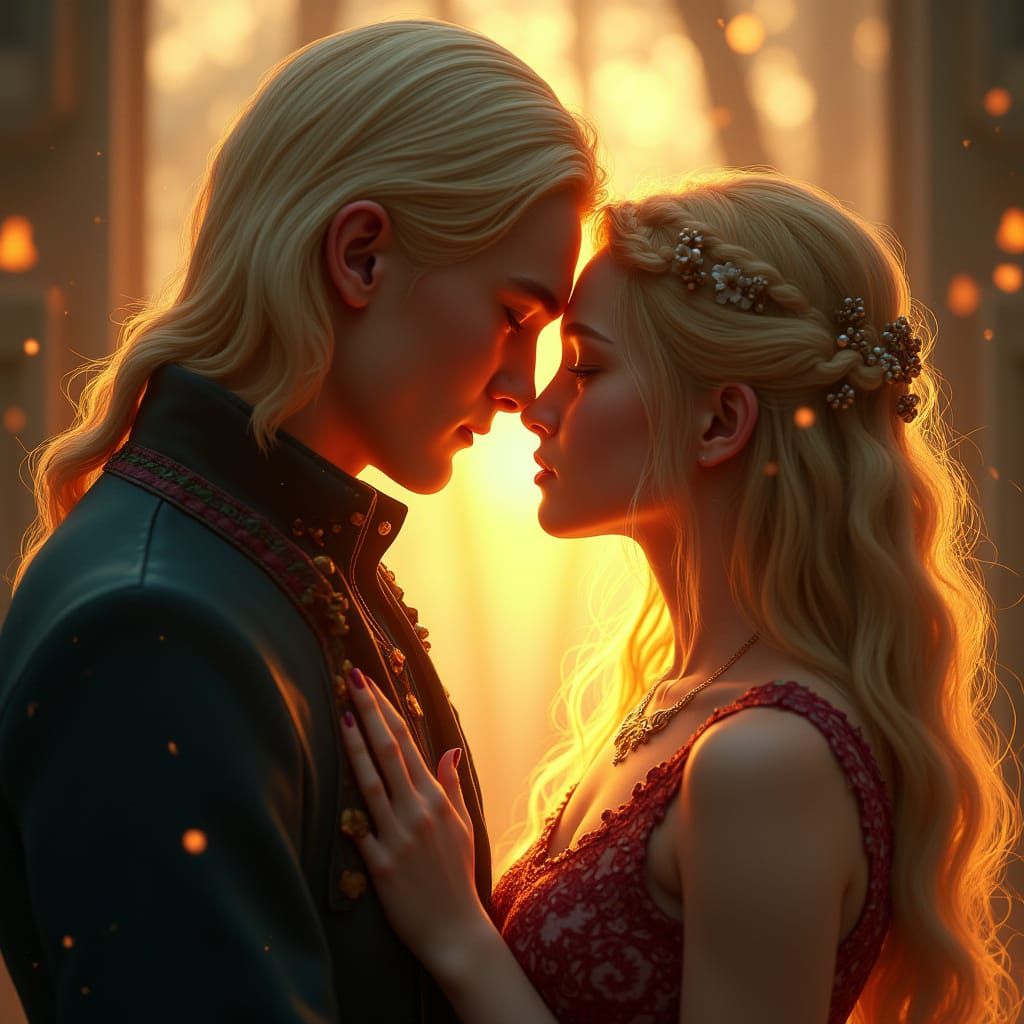 Golden Moment of Forbidden Love in Whimsical Digital Art