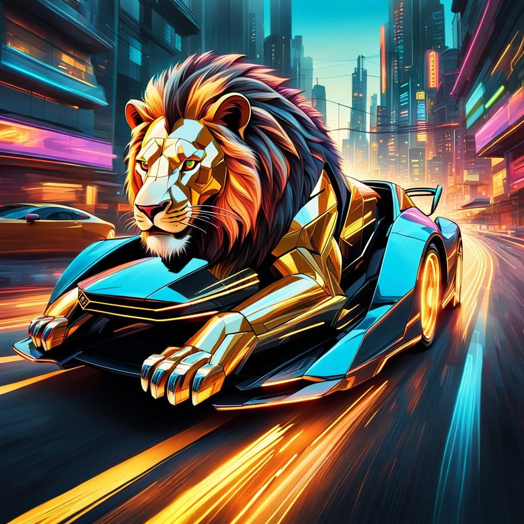 Lion Races Supercar in Dynamic Comic Book Art
