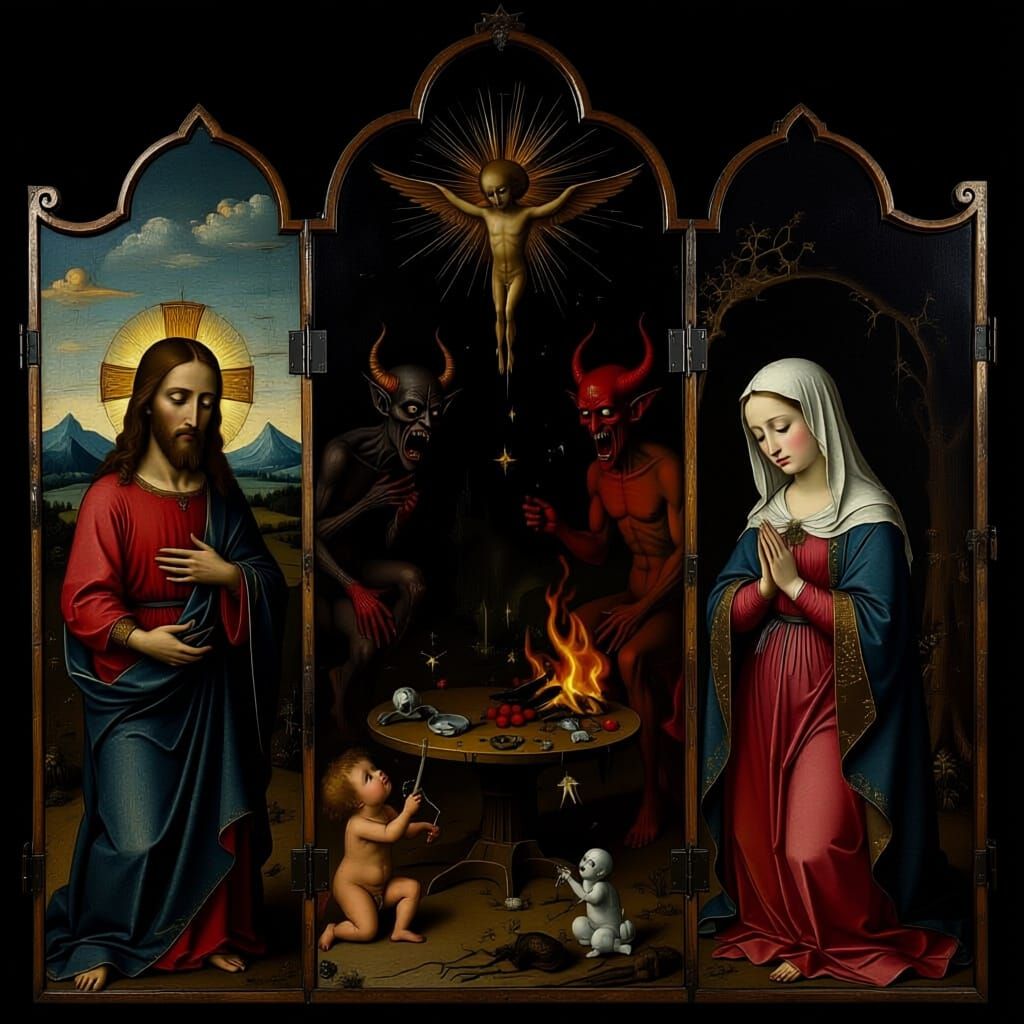 Dark Religious Triptych in Bosch Style