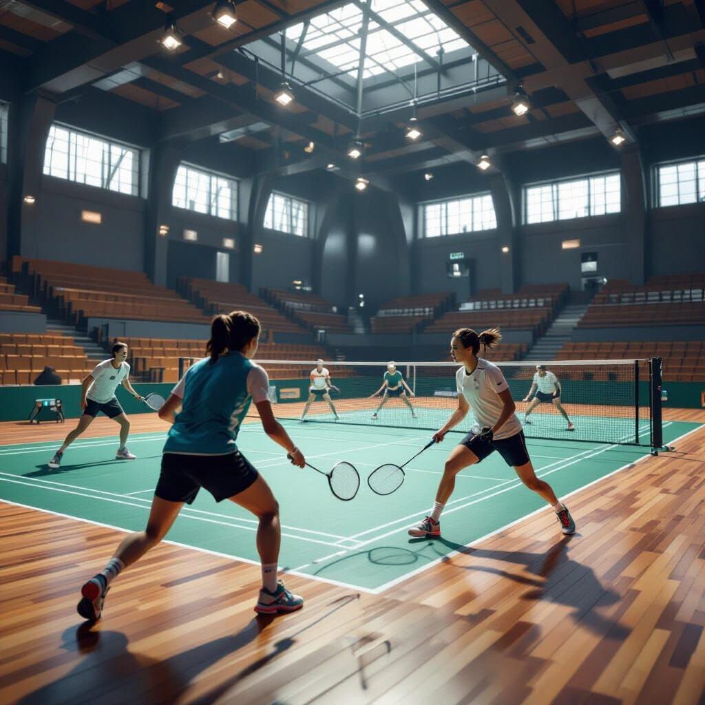 Dynamic Badminton Players in Action, Photorealistic Style