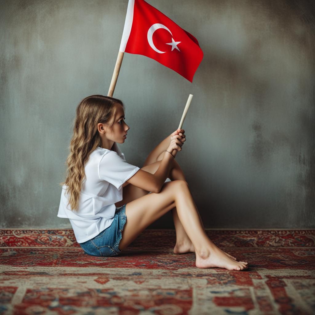 Girl Holding Turkish Flag Barefoot