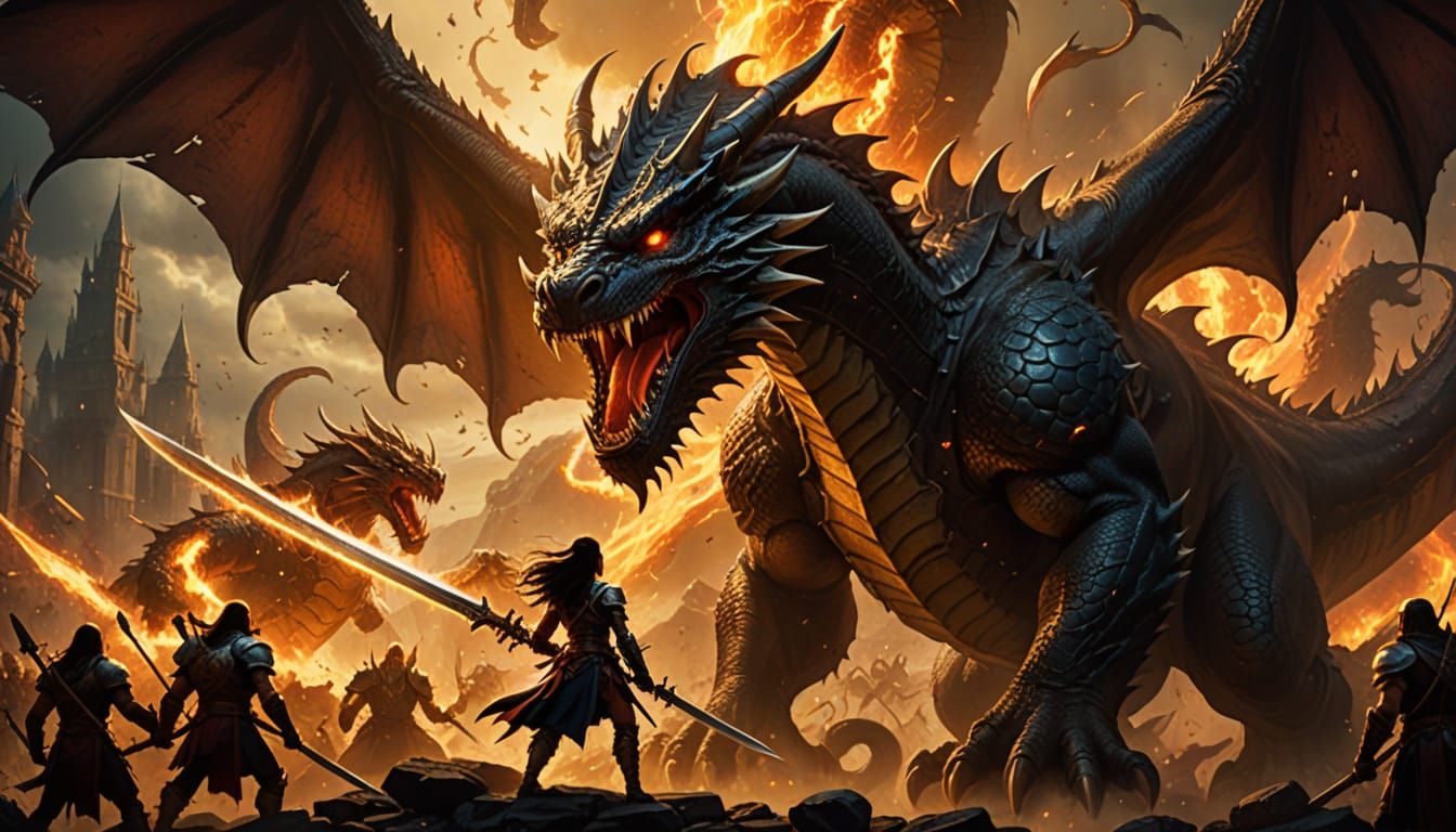 Young Female Warrior Engages Legendary Dragon in Epic Fantas...