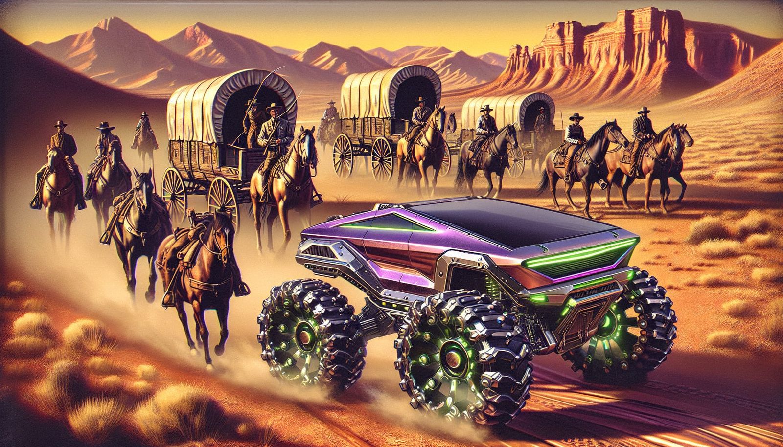Futuristic Vehicle Meets Cowboy Era in Vintage Painting Styl...