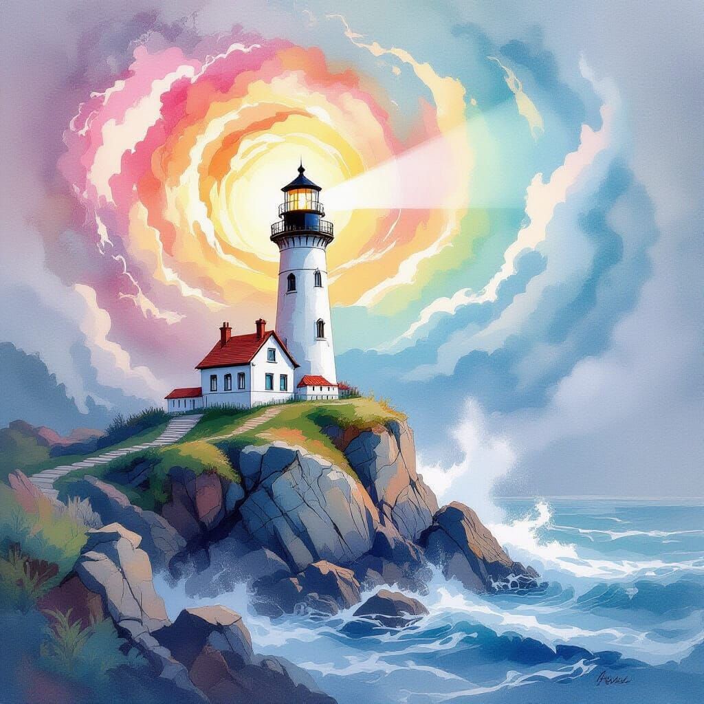 Whimsical Lighthouse in Swirling Pastel Skies