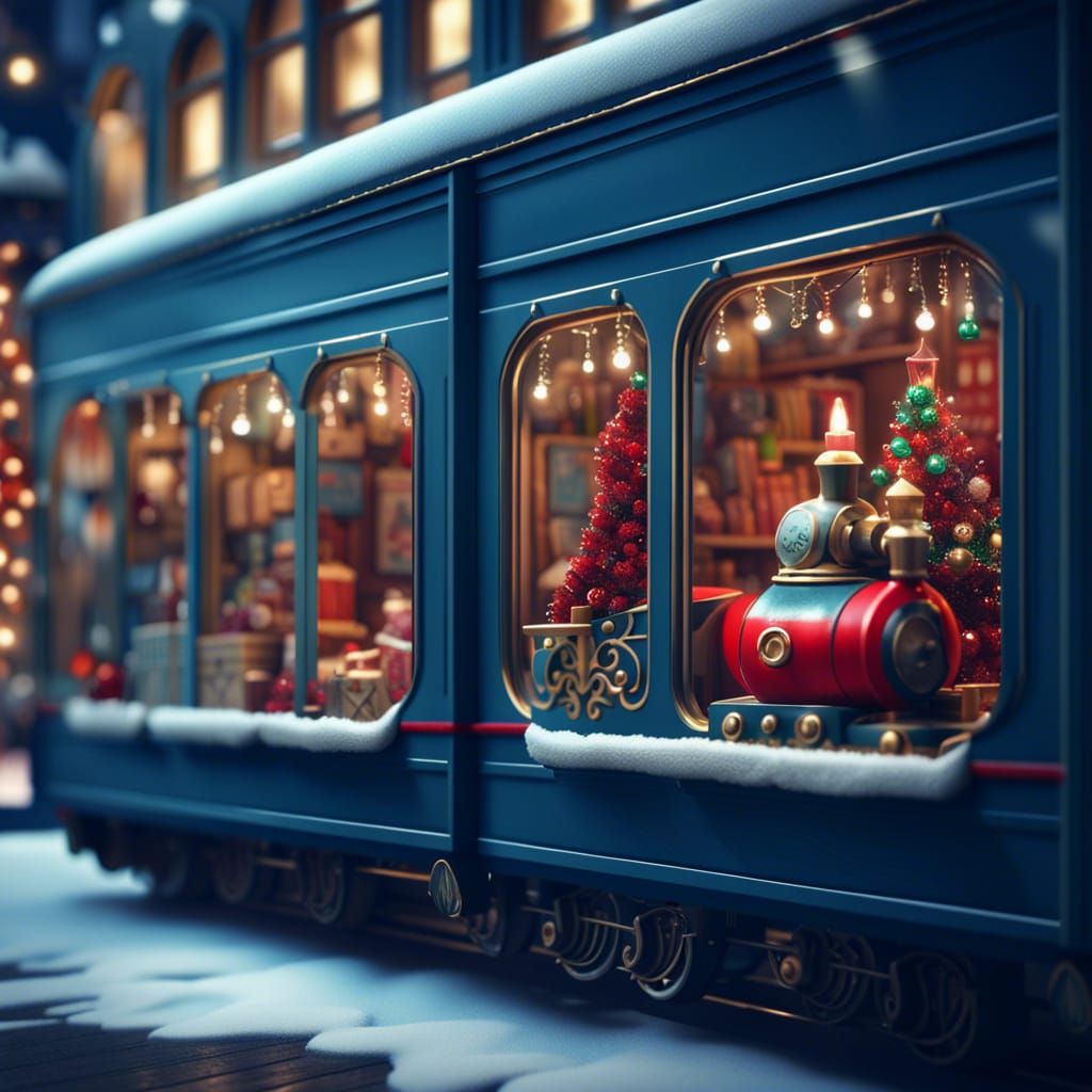 Christmas Train in Toy Shop Window, Detailed Matte Painting