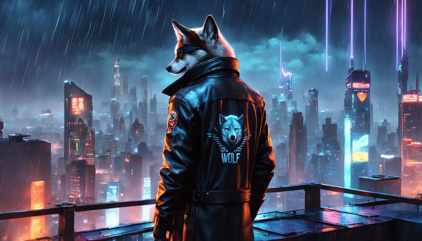 Lone Wolf in Cyberpunk Cityscape