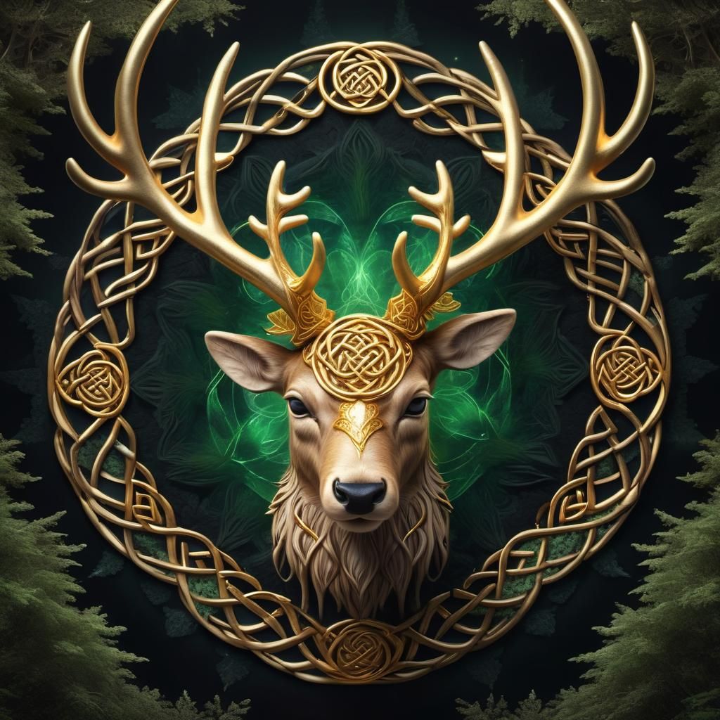 Reindeer with Golden Celtic Antlers in Mystical Forest