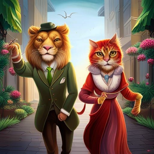 In whimsical world Anthropomorphic lion couple with a kitten going to party in party attire , reached a marriage functio...