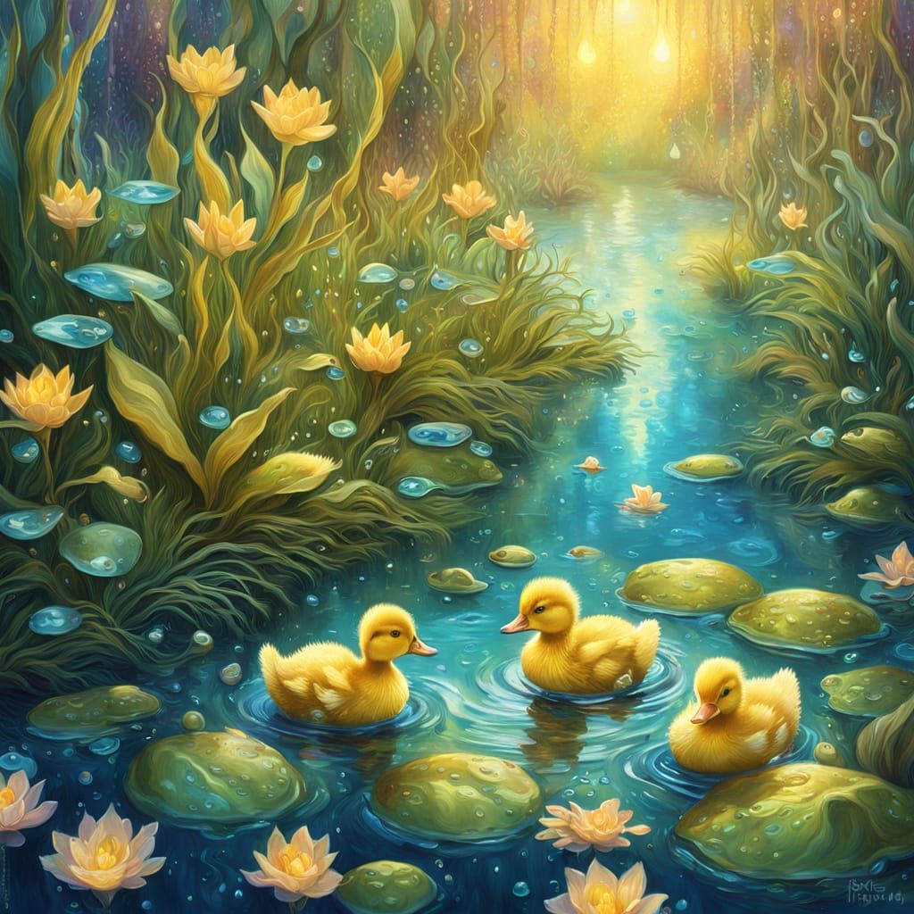 Enchanted Naiad Leading Ducklings in Oil Painting Style