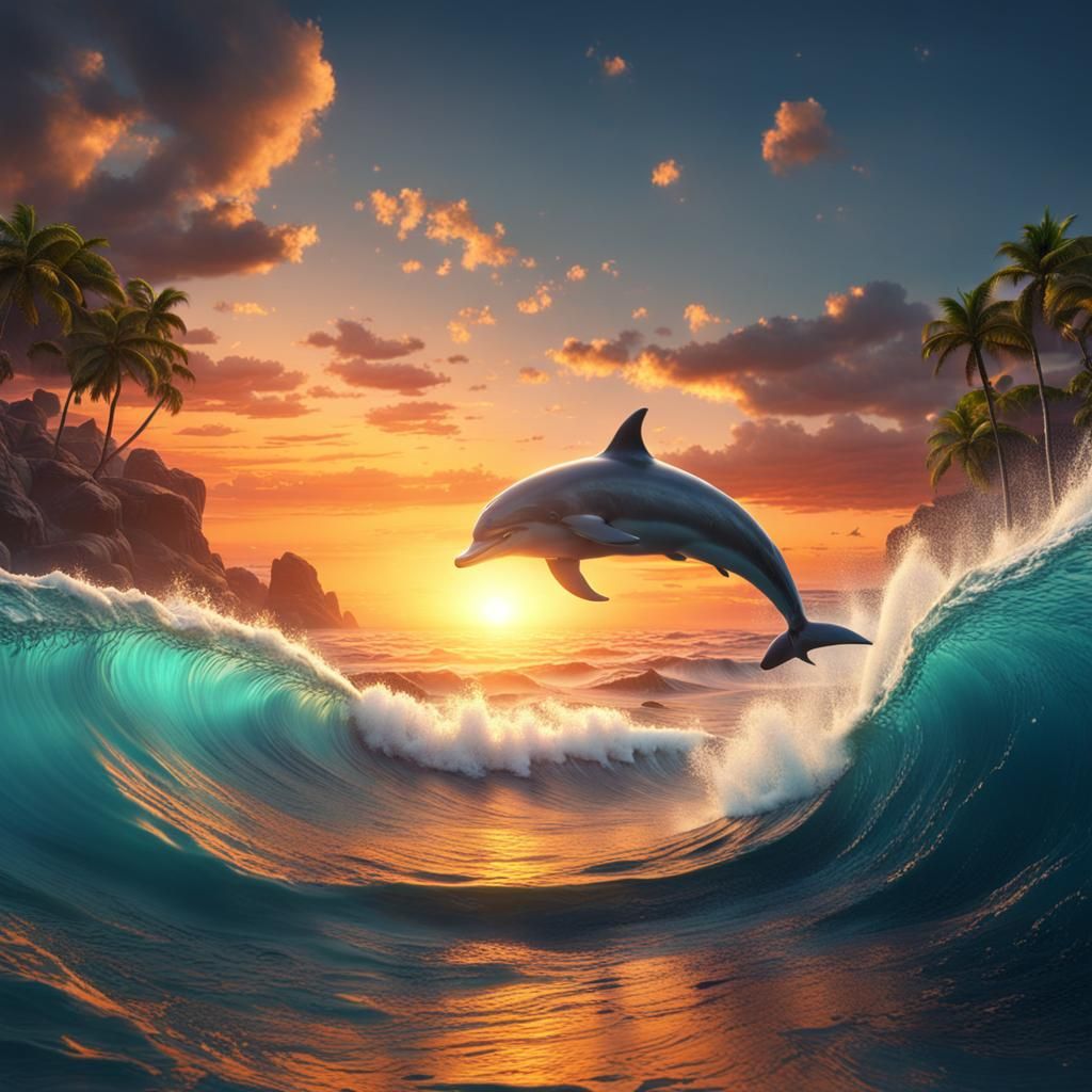 Ocean Waves and Dolphins at Sunset: Fantasy Concept Art