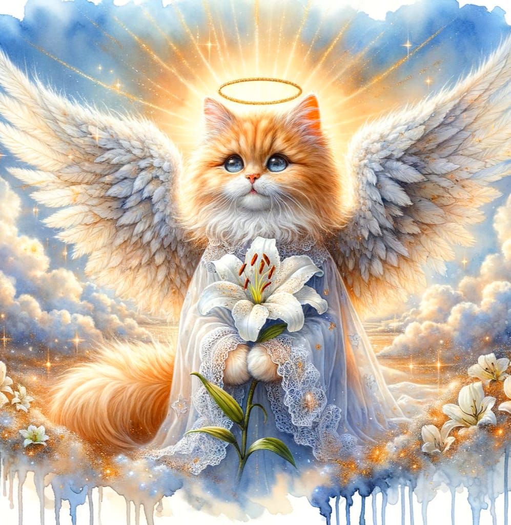 Ginger Angel Cat with Angelic Wings and Halo