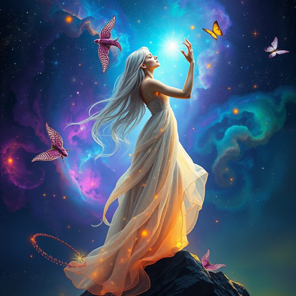 Cosmic Woman on Nebula in Surrealist Style