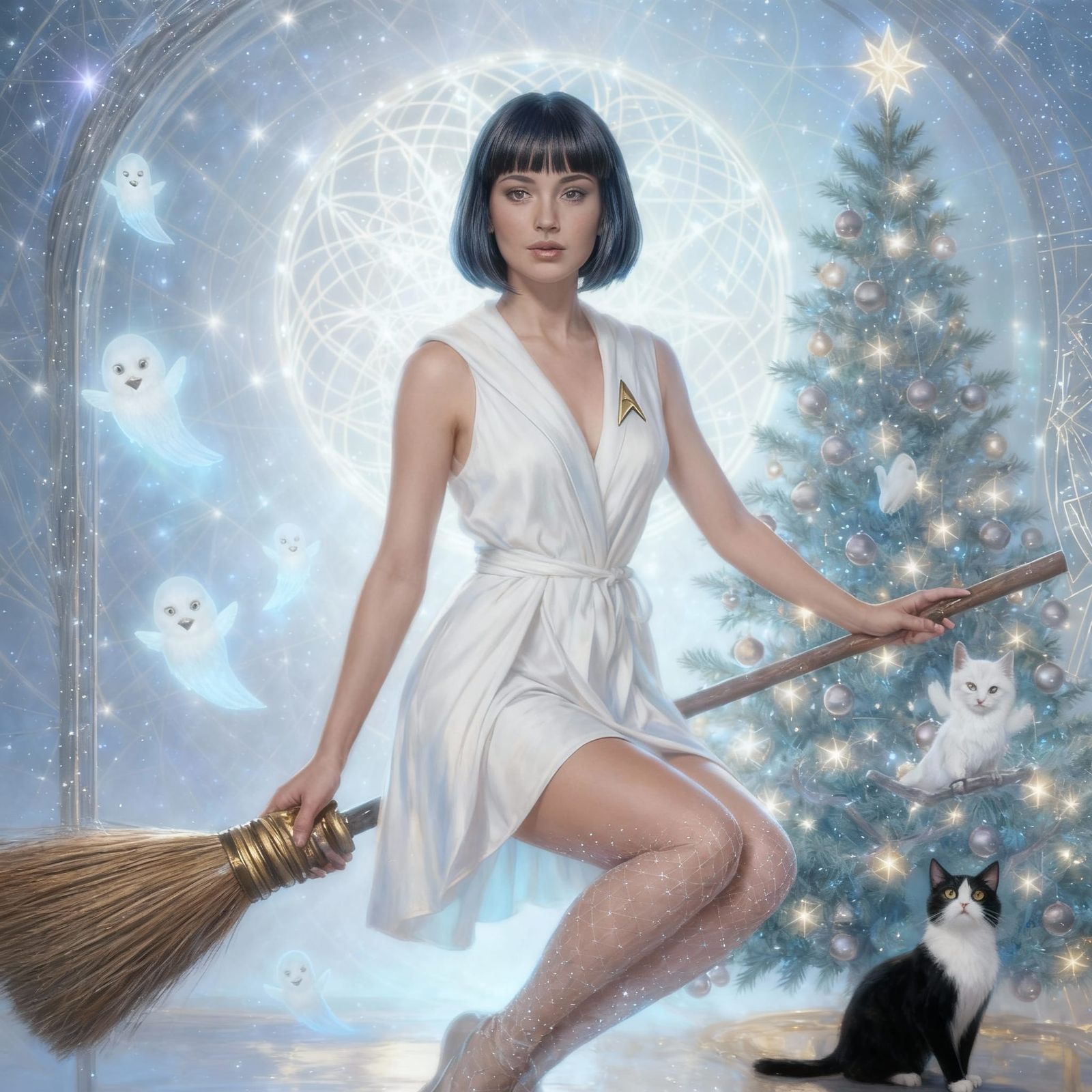 Mystical Woman on Broom in Starfleet Witch Uniform