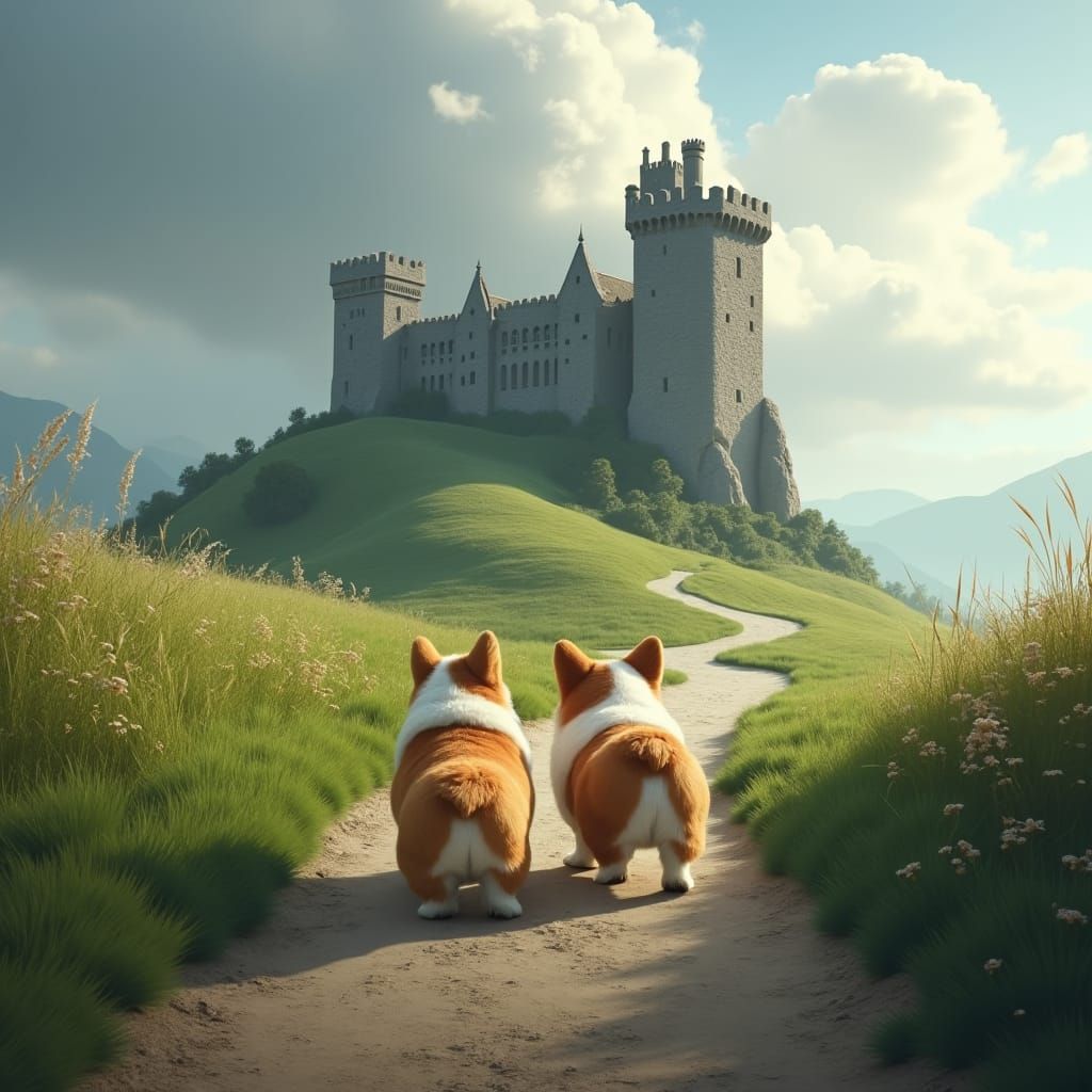 Corgis on Emerald Hills Towards Stone Castle