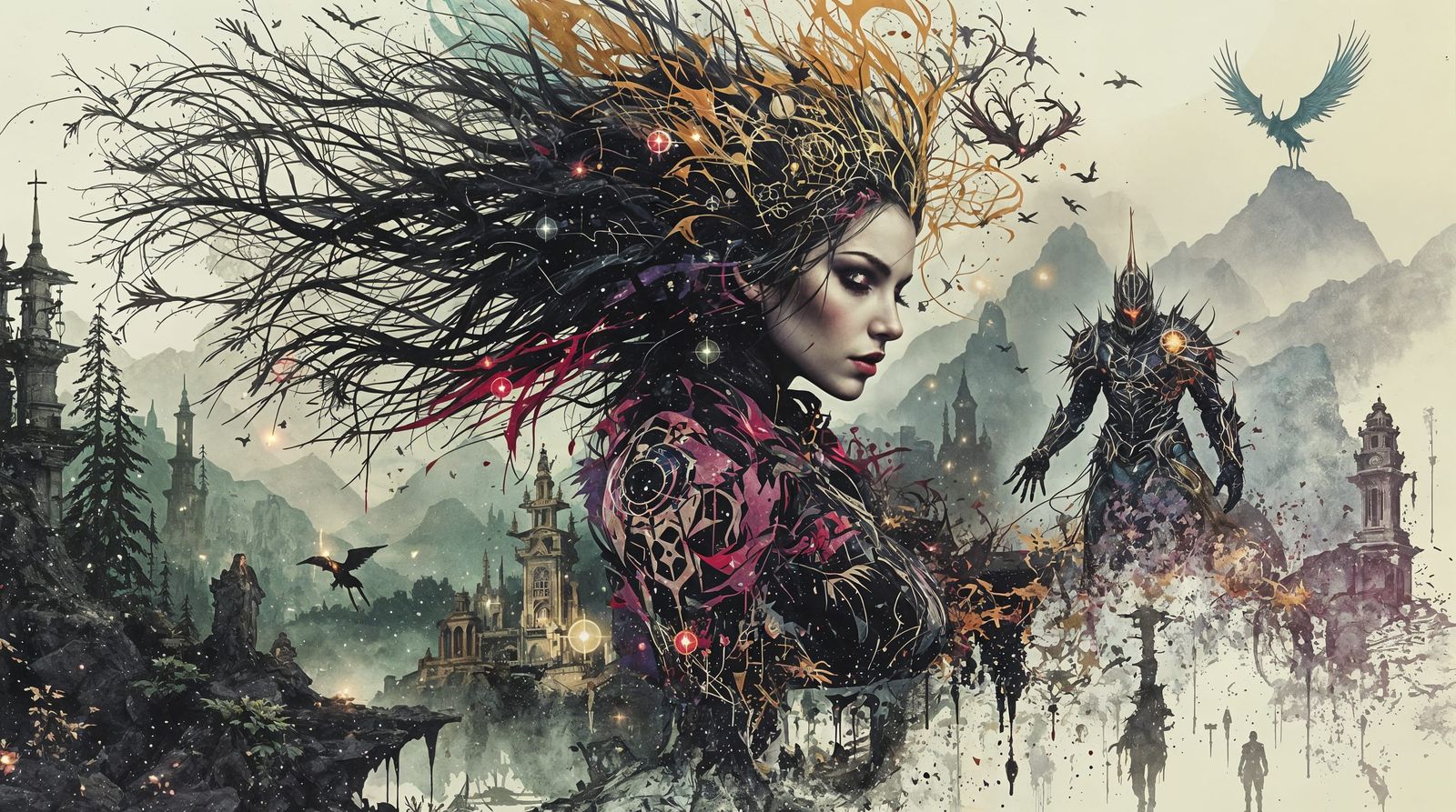 Mystical Fantasy Double Exposure in Moody Urbanpunk Style