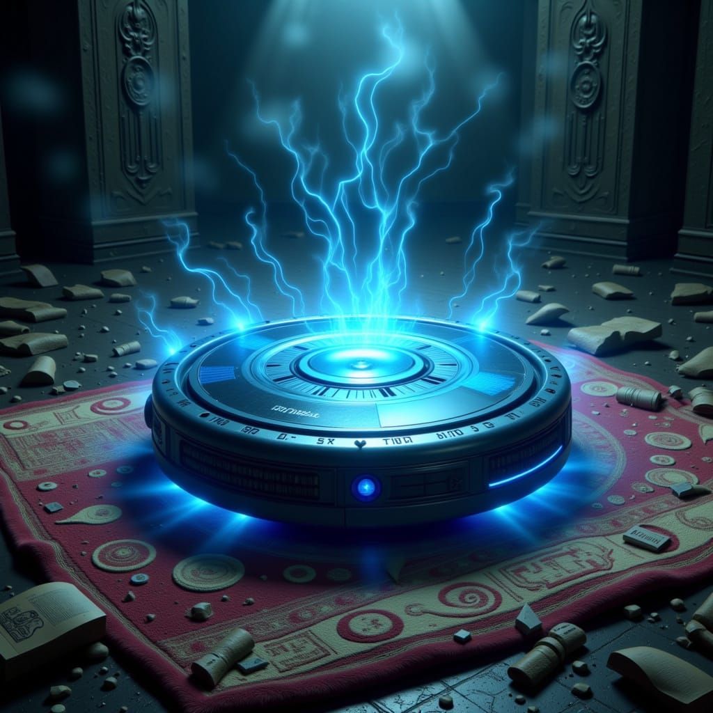 Futuristic Roomba of Power on Ancient Rug