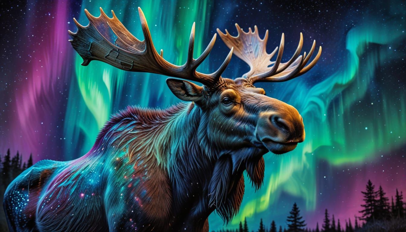 Moose Under Celestial Aurora in Vibrant HDR