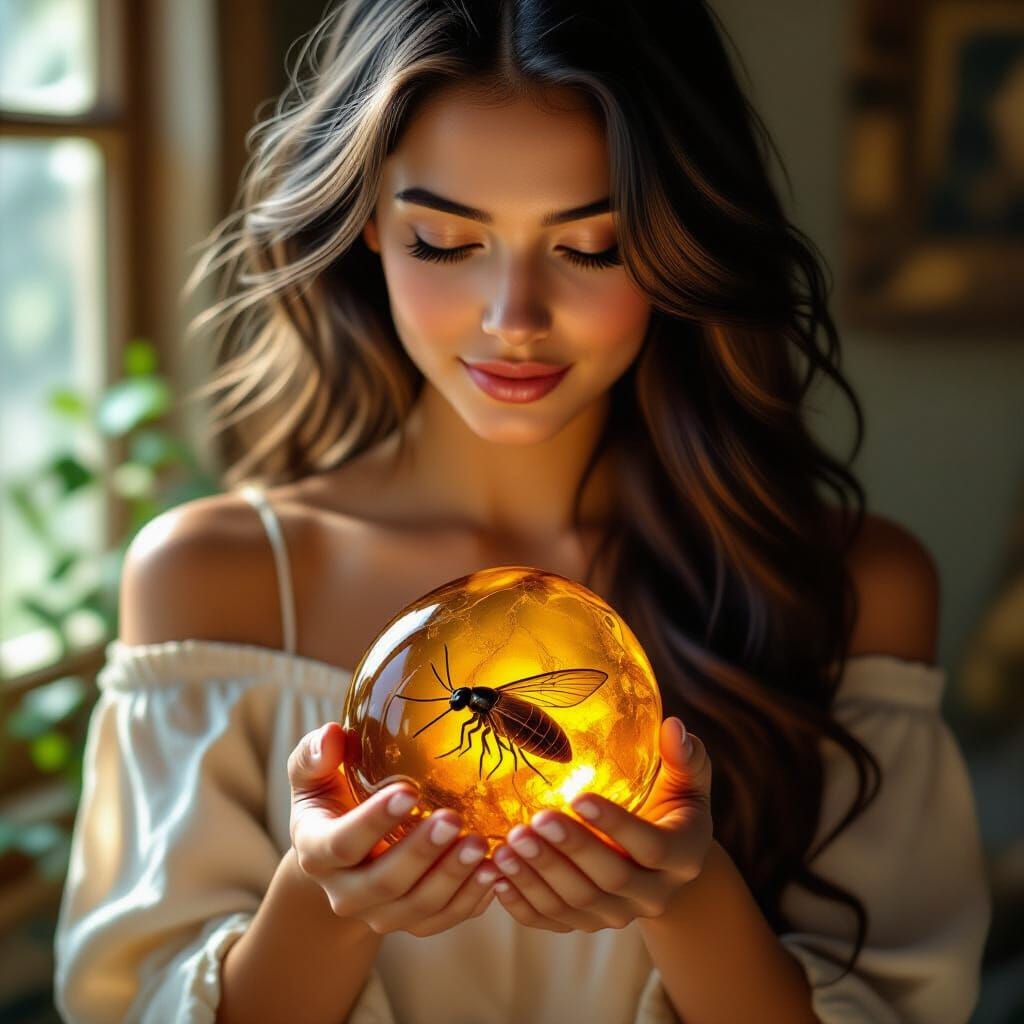 Woman Admiring Amber with Preserved Insect, Vermeer Style