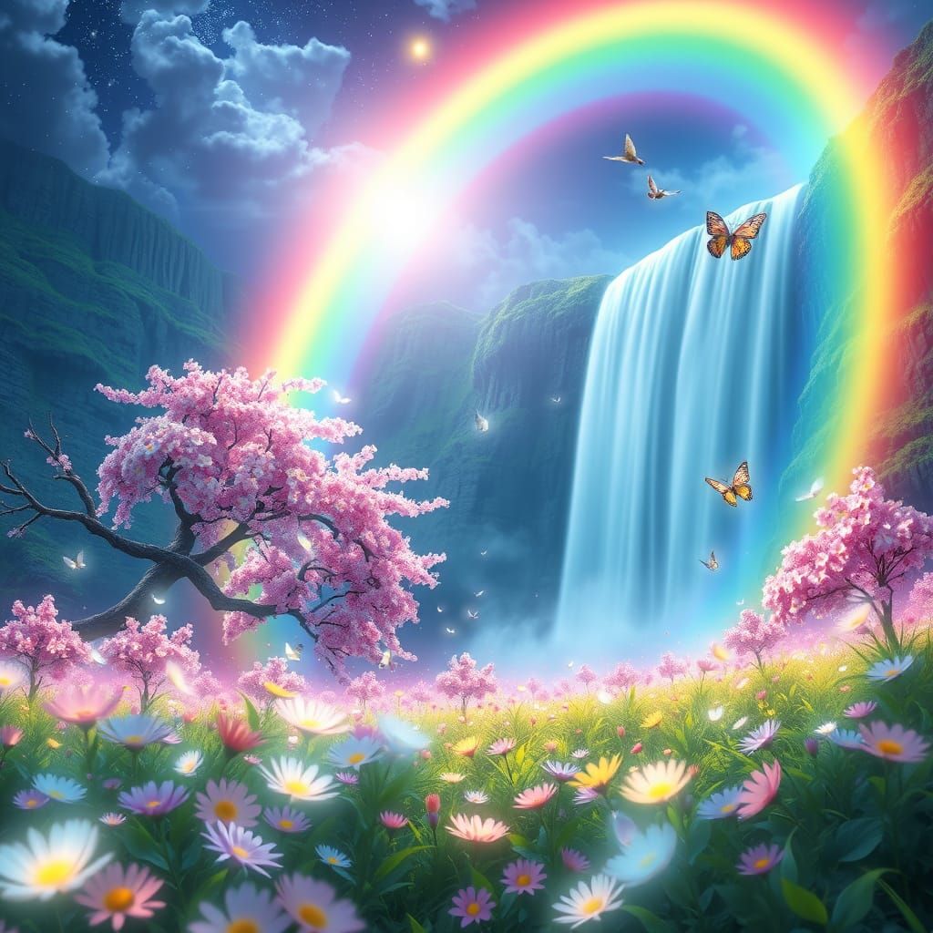 Bioluminescent Anime Field with Cherry Blossom Tree