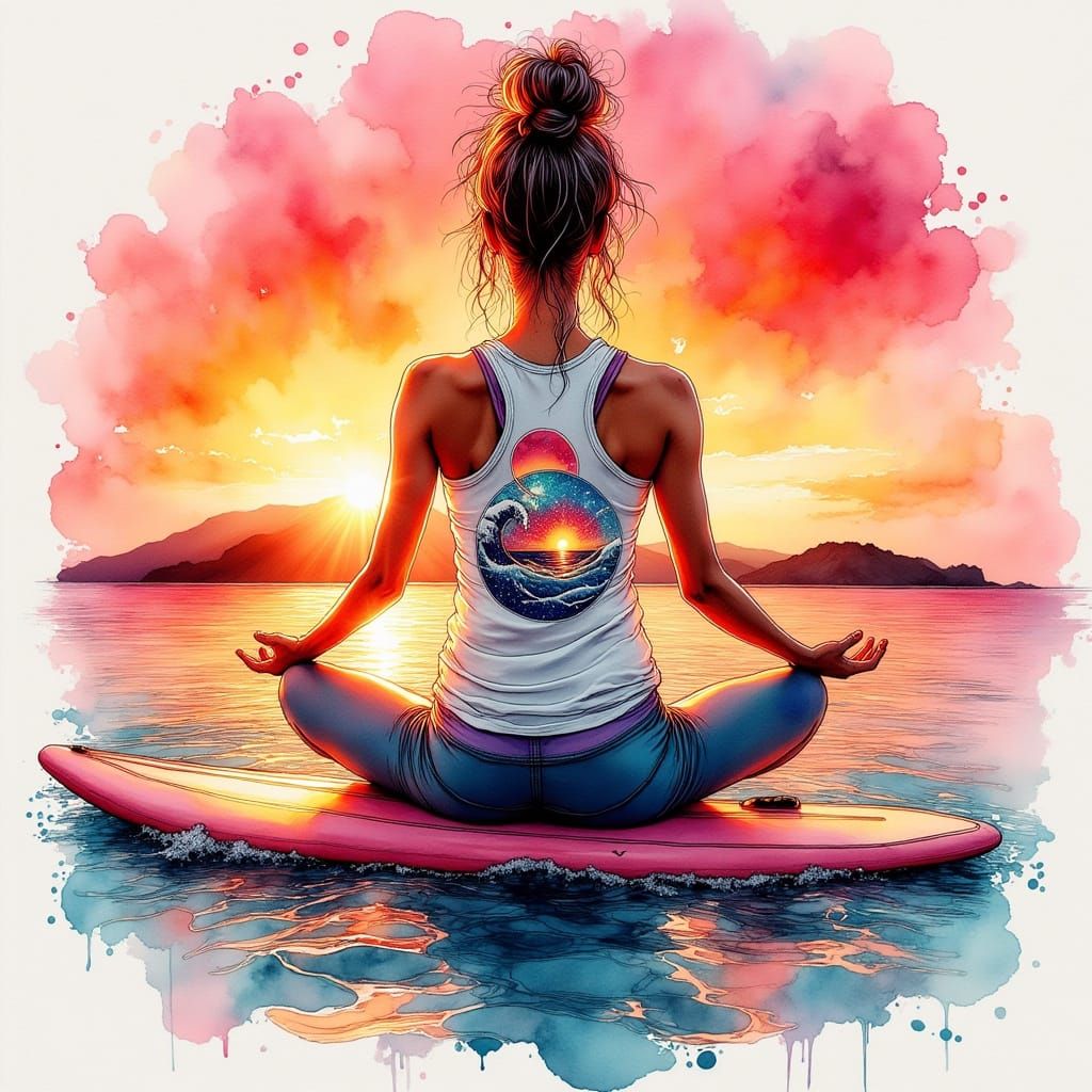 Sunset Paddleboard Yoga in Watercolour Ink Style