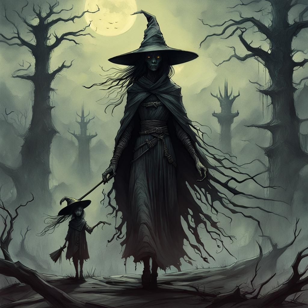 Evil Witch and Victim in Beksiński-Inspired Charcoal Art