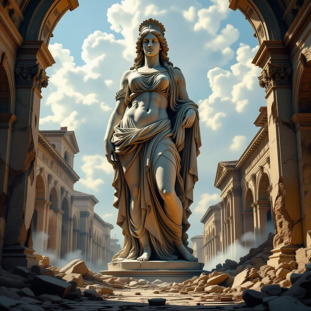 Colossal Goddess Statue in Ruined Renaissance City