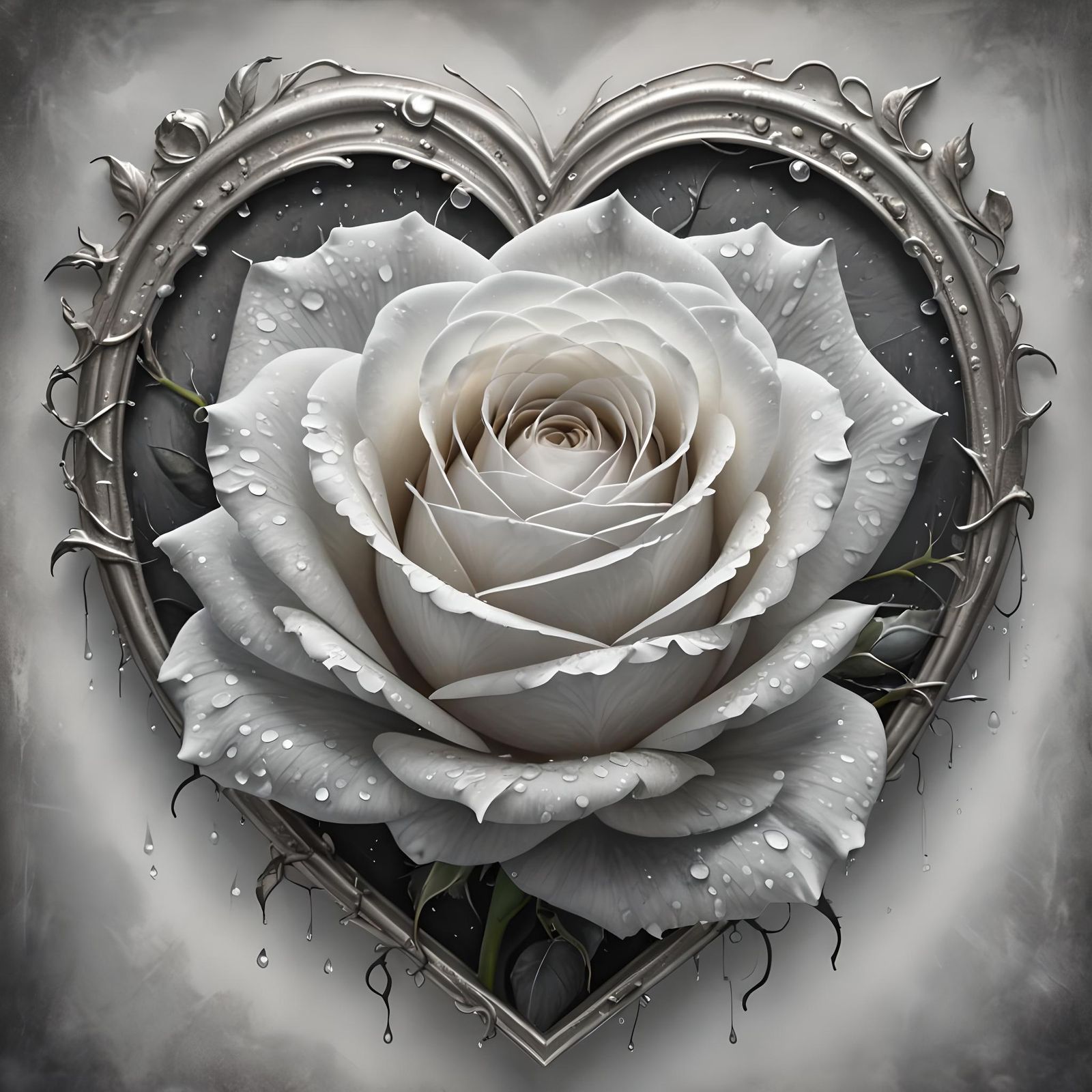 Heart Rose in Silver Frame: Charcoal Drawing